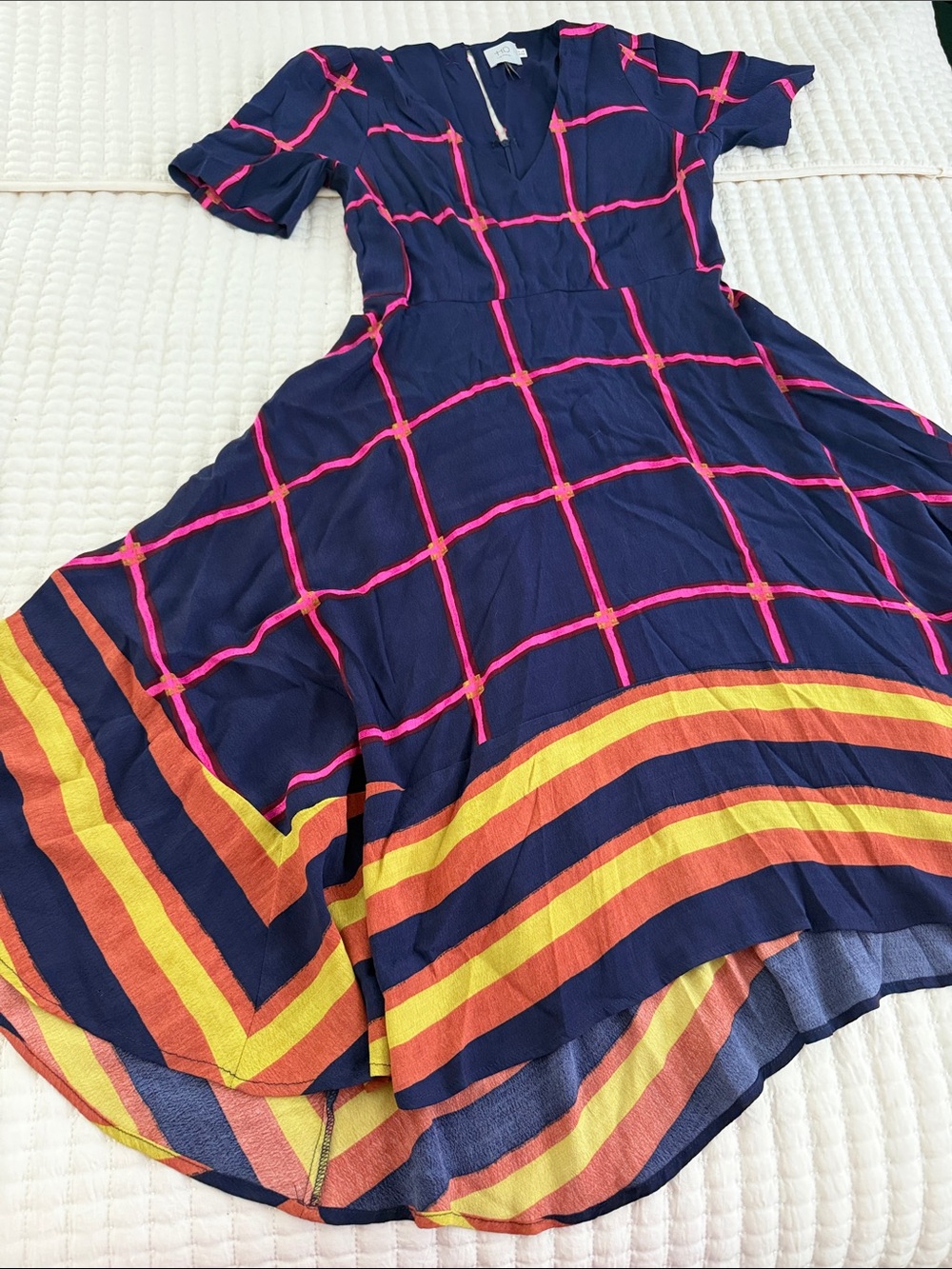 HD in Paris Navy Dress with Pink Grid and Yellow-Orange Striped Hem